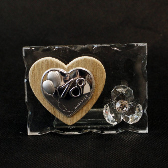Icona in Vetro con Cuore in Legno e Fiore in Cristallo per 18 Diciottesimo Compleanno