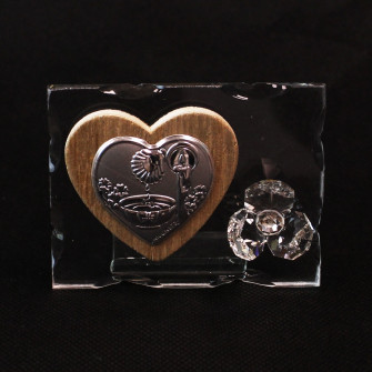 Icona in Vetro con Cuore in Legno e Fiore in Cristallo per Battesimo