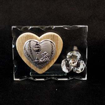 Icona in Vetro con Cuore in Legno e Fiore in Cristallo per Comunione