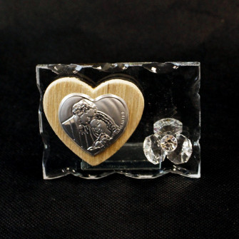 Icona in Vetro con Cuore in Legno e Fiore in Cristallo Sacra Famiglia