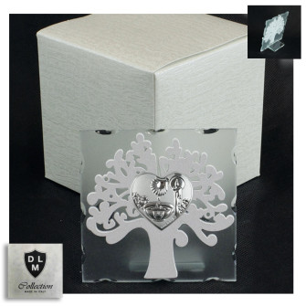 Icona in Vetro Cuore Calice per Battesimo e Albero della Vita in Legno Bianco