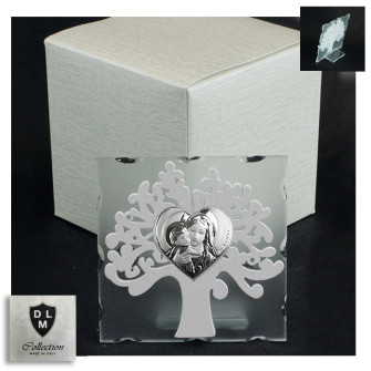Icona in Vetro Cuore Madonna con Bambino e Albero della Vita in Legno Bianco Matrimonio Battesimo Comunione