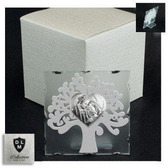 Icona in Vetro Cuore Sacra Famiglia e Albero della Vita in Legno Bianco Matrimonio Battesimo Comunione