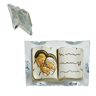 Icona in Vetro e Cristallo Quadretto con Libro in resina intagliata Madonna bambino Nozze Nascita Comunione Segnaposto Pensierino Confettata