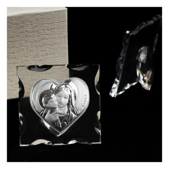 Icona in Vetro Quadretto con Cuore Madonna e Bambino Matrimonio Battesimo Comunione