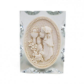 Icona Medaglione in vetro e resina con  Bambina in preghiera Prima Comunione Segnaposto Confettata 