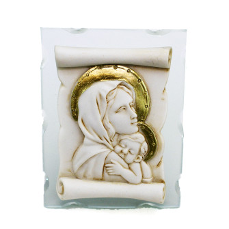 Icona Pergamena in vetro e resina con Madonna e Bambino Segnaposto Confettata 