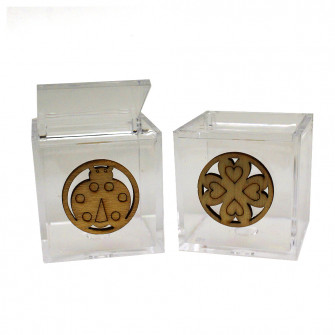 Kit 25 pezzi - Scatola portagioie in plastica Coccinella e Quadrifoglio Portafortuna in Legno Porta Confetti Confettata