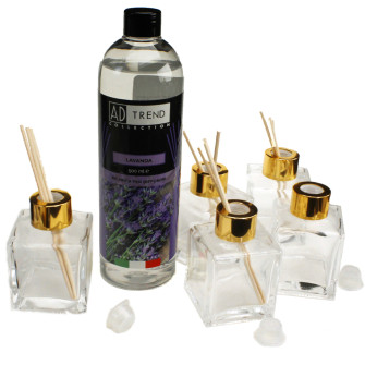 Kit 5 pz Profumatore in Vetro con Ricarica Profumo Essenza Lavanda Diffusore per Ambienti 500ml