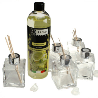 Kit 5 pz Profumatore in Vetro con Ricarica Profumo Essenza Lime Ginger Limone Agrumi Diffusore per Ambienti 500ml