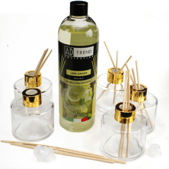 Kit 5 pz Profumatore in Vetro Tondo con Ricarica Profumo Essenza Lime Ginger Limone Agrumi Diffusore per Ambienti 500ml