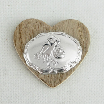 Magnete Calamita Cuore in Legno e Cicogna Nascita Bambino Bimba Confettata