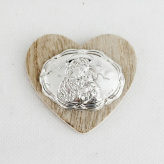 Magnete Calamita Cuore in Legno e Madonna con Bambino Confettata Comunione Nascita