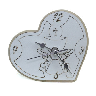 Orologio Cuore con Calice Comunione inciso in legno per Nozze Matrimonio da Scrivania