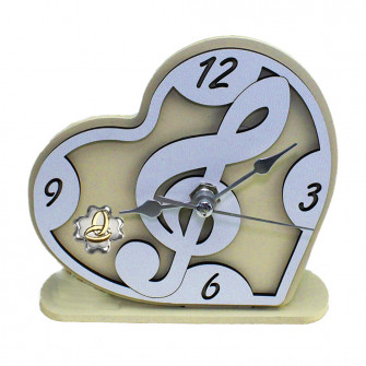 Orologio Cuore con con Chiave di Violino Sol in rilievo legno Quadrifoglio Anniversario Nozze Matrimonio Fedi da Scrivania