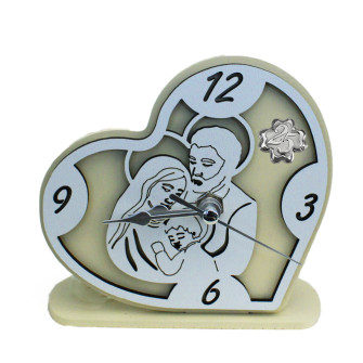 Orologio Cuore con Sacra Famiglia in rilievo legno Quadrifoglio 25 Anniversario Nozze Venticinquesimo Compleanno da Scrivania