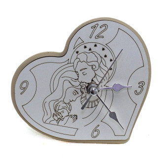 Orologio Cuore con Sacra Famiglia inciso in legno per Nozze Battesimo Comunione da Scrivania