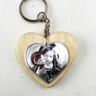 Portachiavi Ciondolo Cuore in Legno con Madonna e Bambino