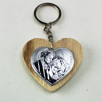 Portachiavi Ciondolo Cuore in Legno con Sacra Famiglia