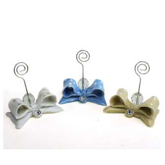 Portafoto Memo Clip in Cristallo con Fiocco Pois Panna Bianco Azzurro Colorato in Porcellana Matrimonio Battesimo Comunione Confettata Segnaposto