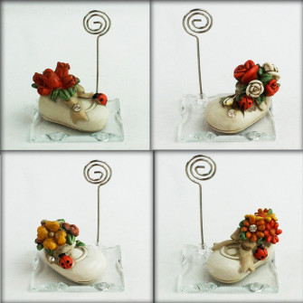 Portafoto Memo Clip in vetro Scarpetta in resina con Fiori e Coccinella Portafortuna 