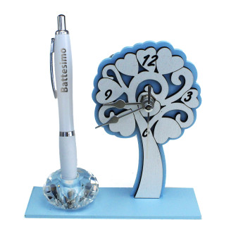 Portapenne Azzurro in cristallo con Orologio in legno Albero della Vita con Penna per Battesimo
