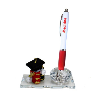 PortaPenne Calamaio in vetro e cristallo con Penna per Laurea in Medicina e Chirurgia Medico Cappello Pergamena Tocco in resina 