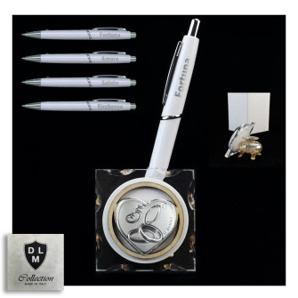 PortaPenne Calamaio in vetro soffiato con Penna con Icona Cuore Coppia Fedi 50 Anniversario D'oro Cinquantesimo