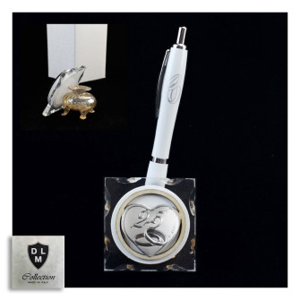 PortaPenne Calamaio in vetro soffiato con Penna Coppia Fedi con Icona Cuore 25 Anniversario Nozze D'oro Cinquantesimo