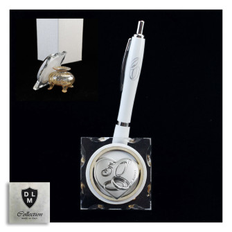 PortaPenne Calamaio in vetro soffiato con Penna Coppia Fedi con Icona Cuore 50 Anniversario Nozze D'oro Cinquantesimo