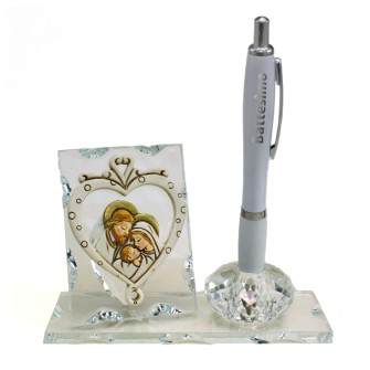 PortaPenne in Cristallo con Icona Cuore Sacra Famiglia Battesimo Penna 