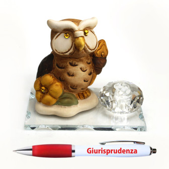 PortaPenne in Vetro e Cristallo con Penna e Gufo Gufetto Laurea in Giurisprudenza Scrivania