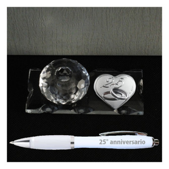 PortaPenne in Vetro e Cristallo con Penna e Icona Cuore Fedi Nuziali 25 Anniversario Nozze d'Argento Venticinquesimo Matrimonio