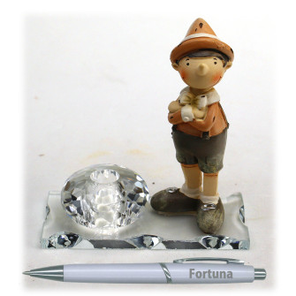 PortaPenne in Vetro e Cristallo con Penna e Icona Media Pinocchio Burattino Marionetta Favola Fiaba Nascita Battesimo Comunione