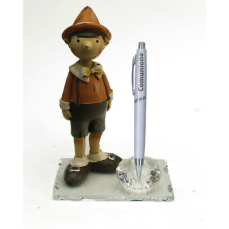 PortaPenne in Vetro e Cristallo con Penna e Icona Pinocchio Burattino Marionetta Favola Fiaba Comunione