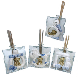 Profumatore in Vetro e Resina con Orso Orsetto Azzurro Cicogna Trenino Ciuccio Cavalluccio Nascita Bimbo Battesimo Diffusore Profumo