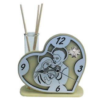 Profumatore Orologio Cuore con Sacra Famiglia in legno Quadrifoglio Calice della Prima Comunione Diffusore Profumo