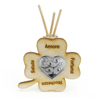 Profumatore Quadrifoglio in Vetro e Legno con Cuore e Albero della Vita Life Tree Nozze Matrimonio Battesimo Comunione
