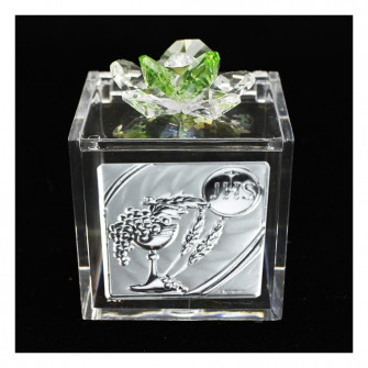 Scatolina Cofanetto Portaconfetti con fiore in cristallo e Icona Calice della Prima Comunione e Vite