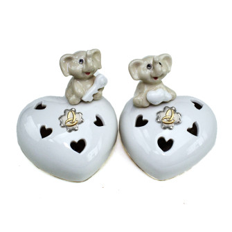 Cuore in Porcellana con Luce LED Lampada Lume Porcellana Anelli Coppia Elefantini