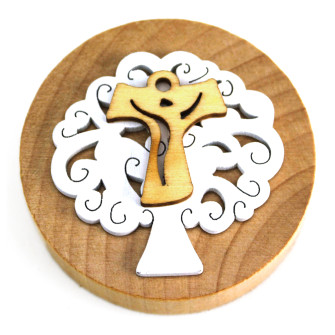 Apri Bottiglie Apribottiglie con Calamita Moderno Design Tondo in Legno + Scatolina in Bambù Albero della Vita Crocifisso Croce Tau Crocetta