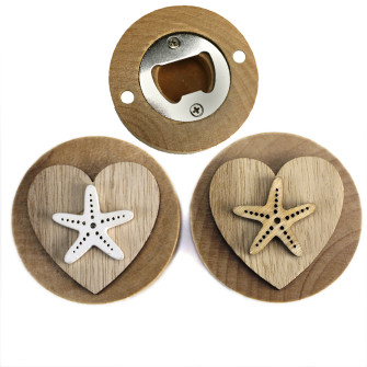 Apri Bottiglie Apribottiglie con Calamita Moderno Design Tondo in Legno + Scatolina in Bambù Cuore Stella Marina Mare