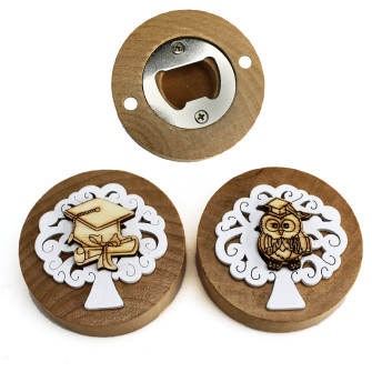 Apri Bottiglie Apribottiglie con Calamita Moderno Design Tondo in Legno + Scatolina in Bambù Laurea Gufo Gufetto Cappello Tocco Pergamena