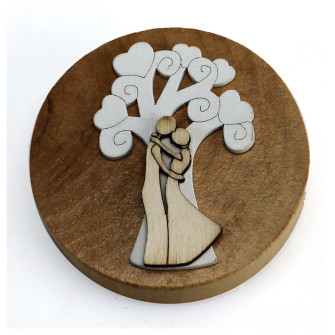Apri Bottiglie Apribottiglie con Calamita Moderno Design Tondo in Legno + Scatolina in Bambù Life Tree Albero della Vita con Coppia Sposi Abbraccio Nozze Matrimonio