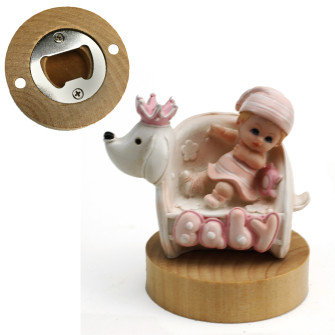 Apri Bottiglie Apribottiglie con Calamita Moderno Design Tondo in Legno Bimba Neonata Femminuccia Rosa Battesimo Comunione