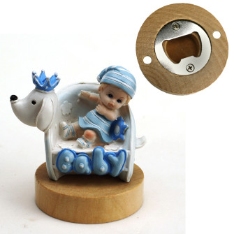 Apri Bottiglie Apribottiglie con Calamita Moderno Design Tondo in Legno Bimbo Neonato Azzurro Battesimo Comunione
