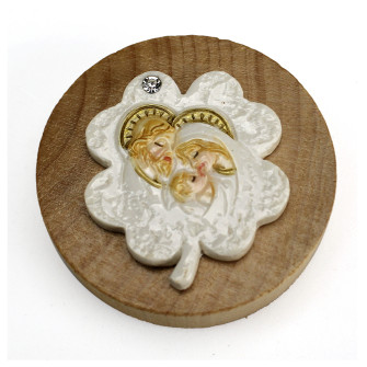 Apri Bottiglie Apribottiglie con Calamita Moderno Design Tondo in Legno con Icona Quadrifoglio Portafortuna e Sacra Famiglia
