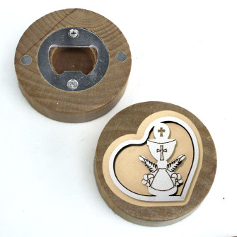 Apri Bottiglie Apribottiglie con Calamita Moderno Design Tondo in Legno Cuore Calice Prima Comunione