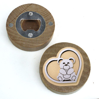 Apri Bottiglie Apribottiglie con Calamita Moderno Design Tondo in Legno Cuore e Orso Orsetto Nascita Compleanno