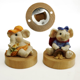Apri Bottiglie Apribottiglie con Calamita Moderno Design Tondo in Legno Elefante Elefantina in resina Battesimo Comunione